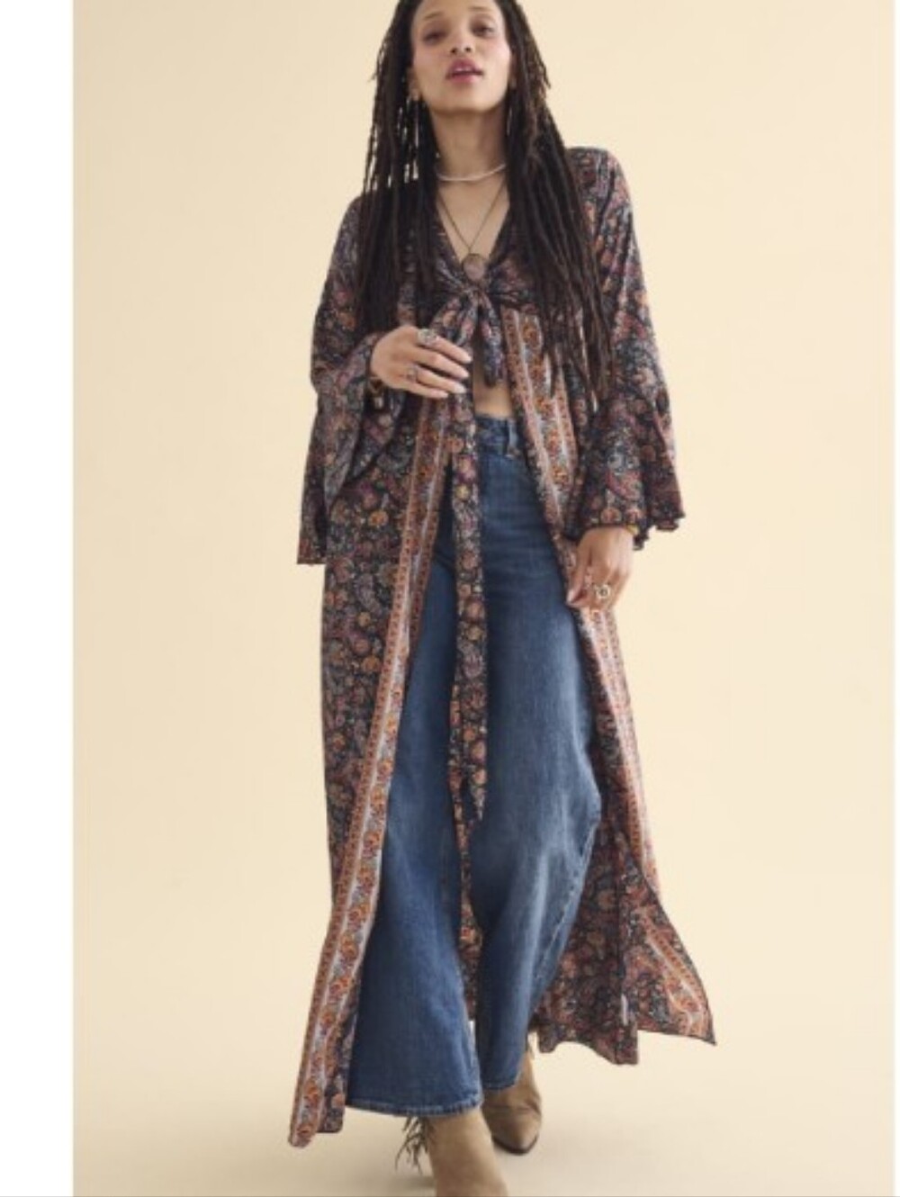 Earthbound Trading Navy Paisley Tie Front Maxi Kimono/Duster Size M EUC